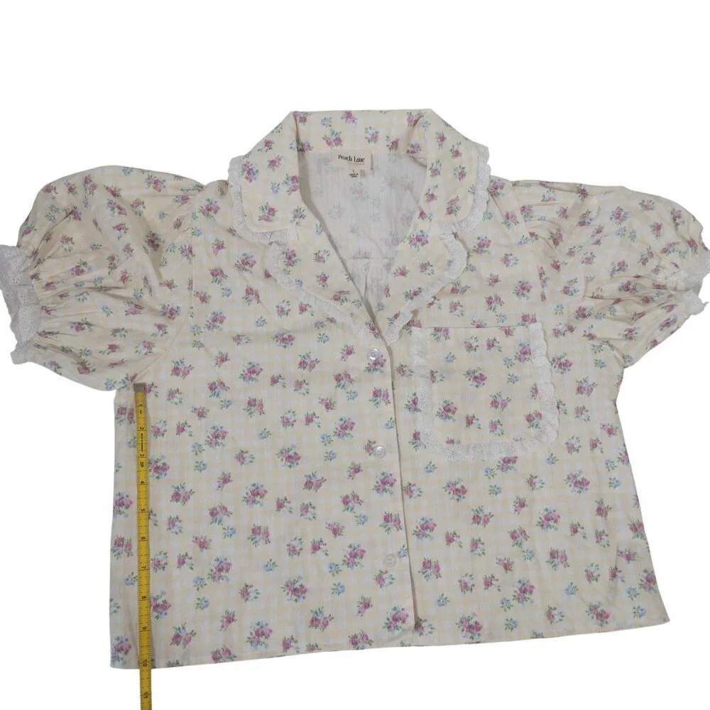 Cottage Core Peach Love Yellow and White Gingham Floral Top SZ S Puff Sleeve - Picture 2 of 13